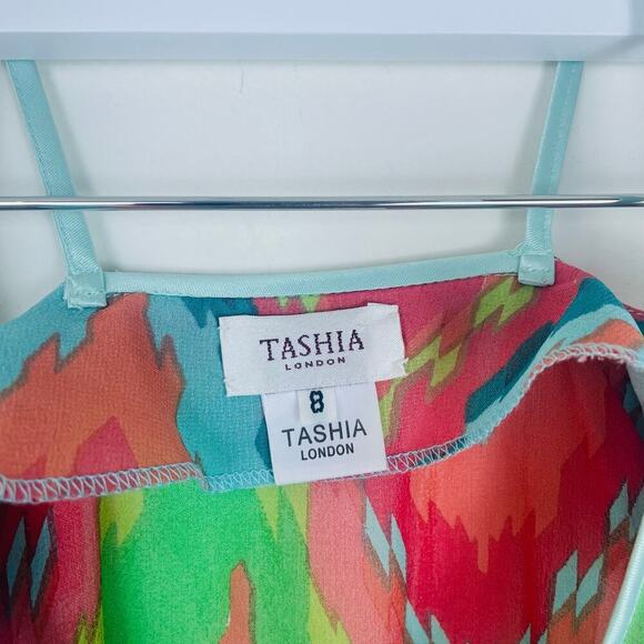 Tashia London colorful tie waist asymmetrical blouse size US 4 - Picture 3 of 6